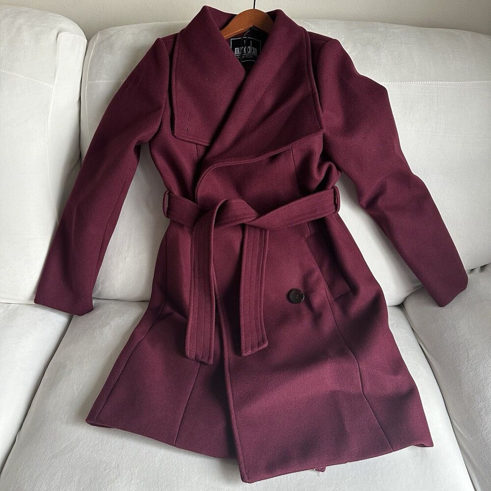 Mark Alan Women’s Long Asymmetrical Wrap Coat with Belt Burgundy S b45